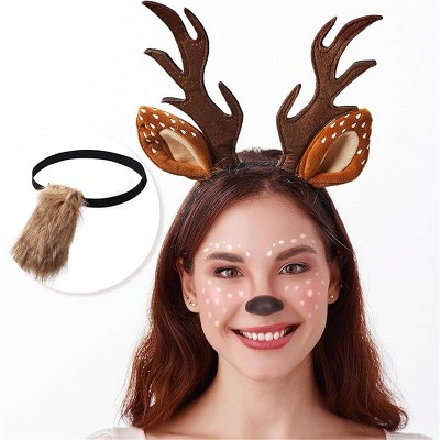 Joyfy Girls Women Halloween Reindeer Headband with Fawn Tail Costume Accessories Set, Antler Deer Headband for Halloween Cosplay Dress Up Party
