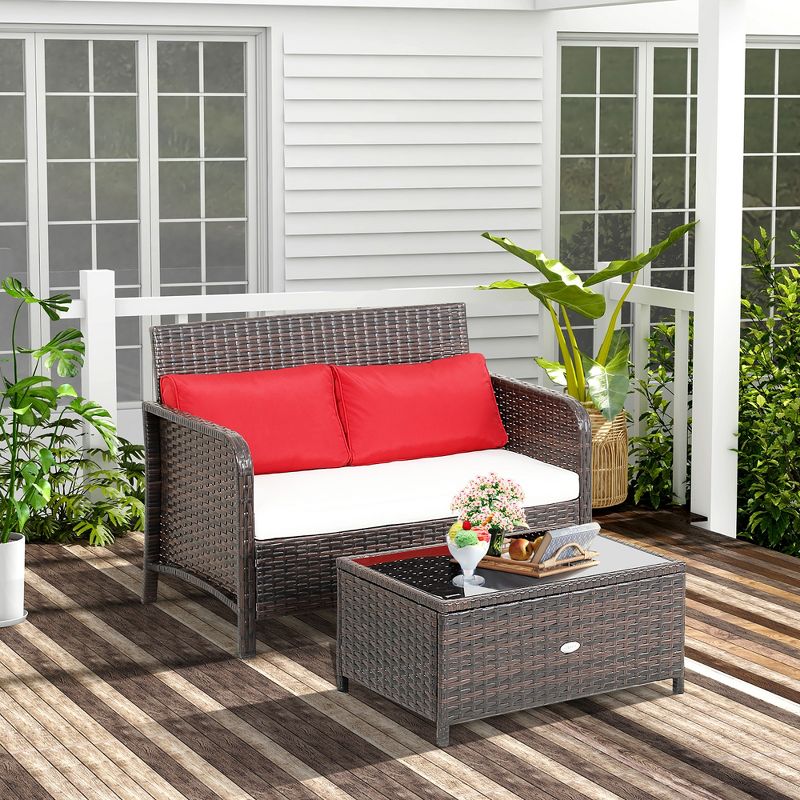 Costway 2PCS Patio Rattan Wicker Love-seat Coffee Table Set  Cushioned Bench Garden Deck, 5 of 11