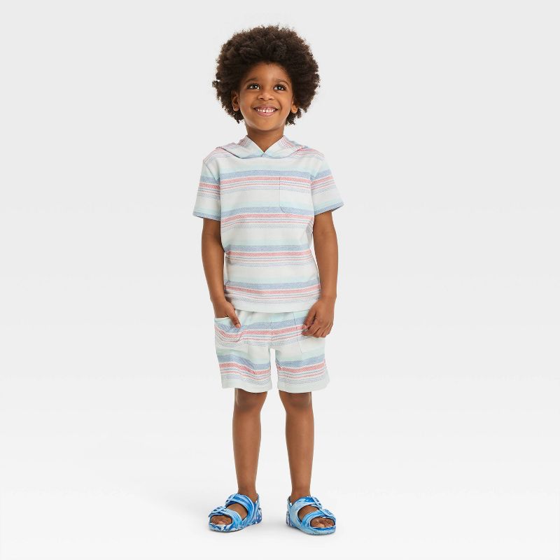 Toddler Boys&#39; Short Sleeve Hooded Striped Knit Set - Cat &#38; Jack&#8482; White, 1 of 5