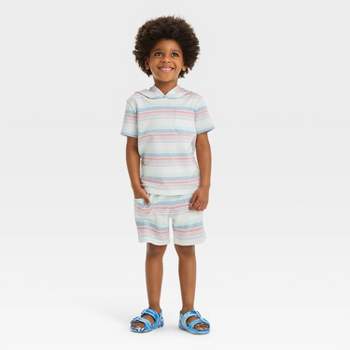Toddler Boys' Short Sleeve Hooded Striped Knit Set - Cat & Jack™ White