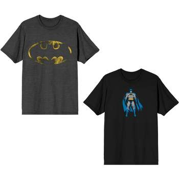 Batman Bat Signal Logo and Superhero Power Pose 2-Pack Men's Black Tee Shirt Set