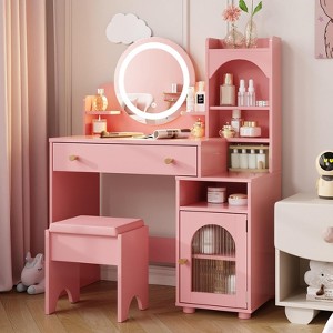 Kids Vanity Table and Chair Set, 2 in 1 Princess Makeup Vanity with Mirror & Lights - 1 of 4