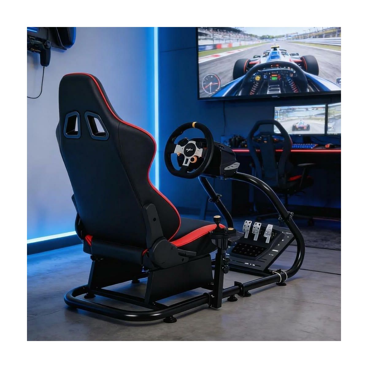 Heavy-Duty Racing Simulator Cockpit for Game Boy Classic – L-Shaped Wheel Stand, Round Tube – Adjustable Steering & Pedal Angles - thumbnail 3