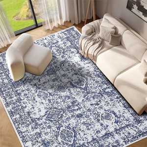 Washable Area Rug Large - Non Slip Stain Resistant Ultra Thin Foldable Distressed Vintage Floral Carpet for Living Room Nursery Home - 1 of 4