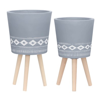 VisioGear 2PCS Round Planter with Wooden Legs, Plant Pots for Hall, Living Room, Gray, 12"*12"*21"