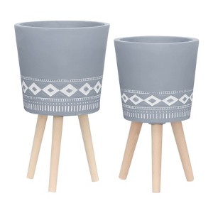 VisioGear 2PCS Round Planter with Wooden Legs, Plant Pots for Hall, Living Room, Gray, 12"*12"*21" - 1 of 4