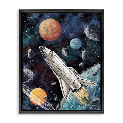 Stupell Industries Spaceship in Outer Space Black Framed Floater Canvas Wall Art