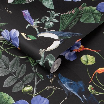Midnight Garden Black Floral Tropical Wallpaper