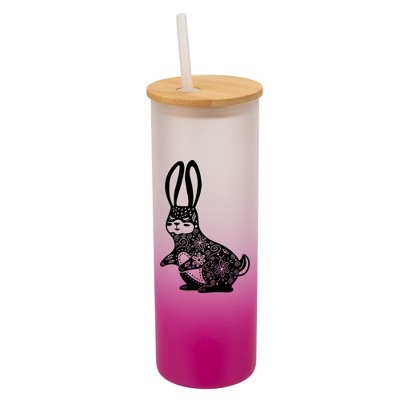 Elanze Designs Gentle Floral Rabbit Pink Frosted Gradient Glass Tumbler with Bamboo Lid & Straw 25 ounce Reusable Iced Coffee or Water Cup, Whimsical
