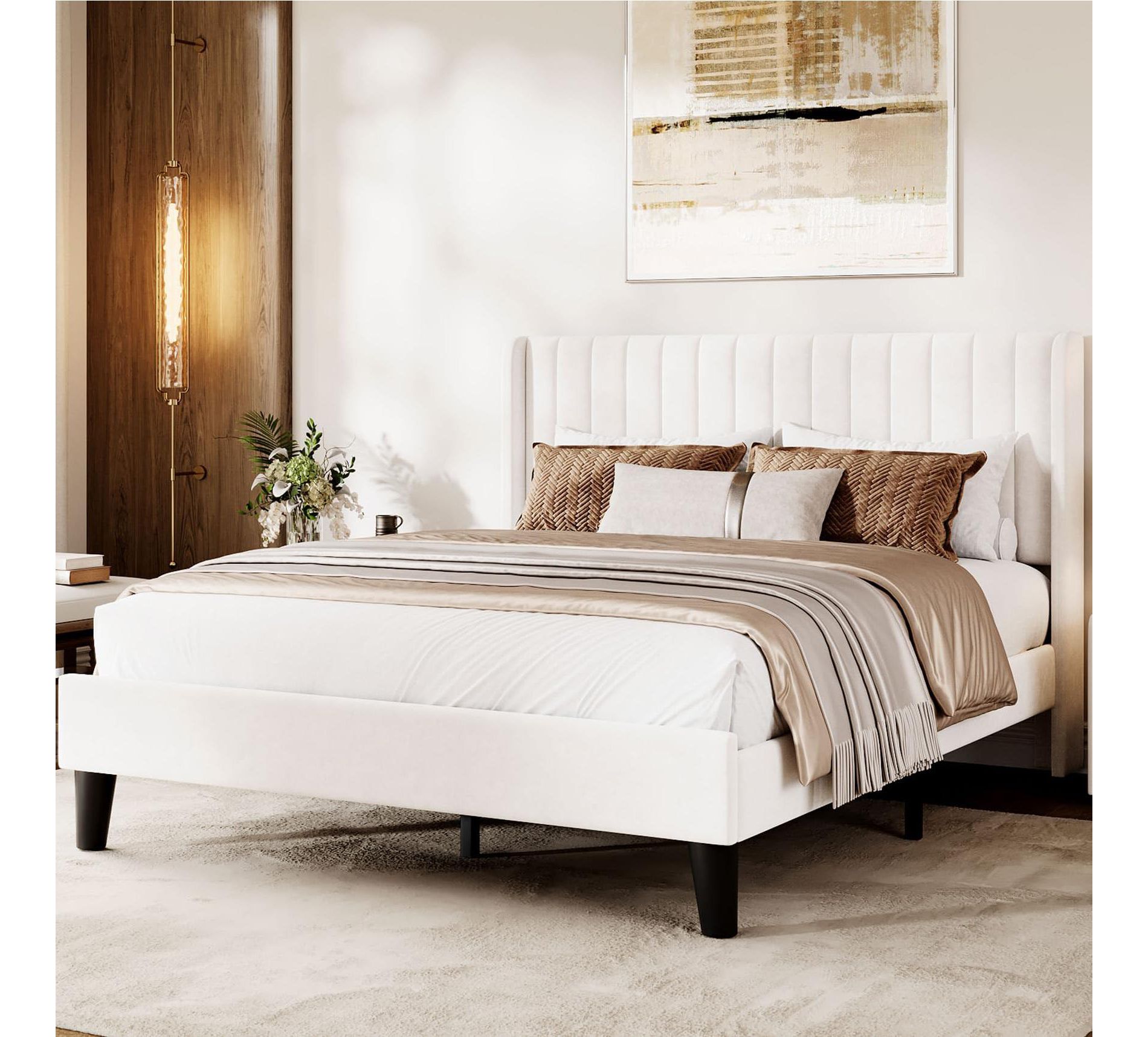 Bed Frame with Wingback Headboard - Vertical Channel Tufted Upholstered Platform, Noise-Free Reinforced Wood Slats, No Box Spring Needed, White