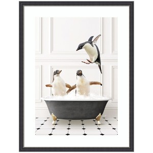 Kate and Laurel Penguins in Classic Black and White Bath by Amy Peterson Framed Wall Art Print, 19 x 25, Stylish Black Narrow - 1 of 4