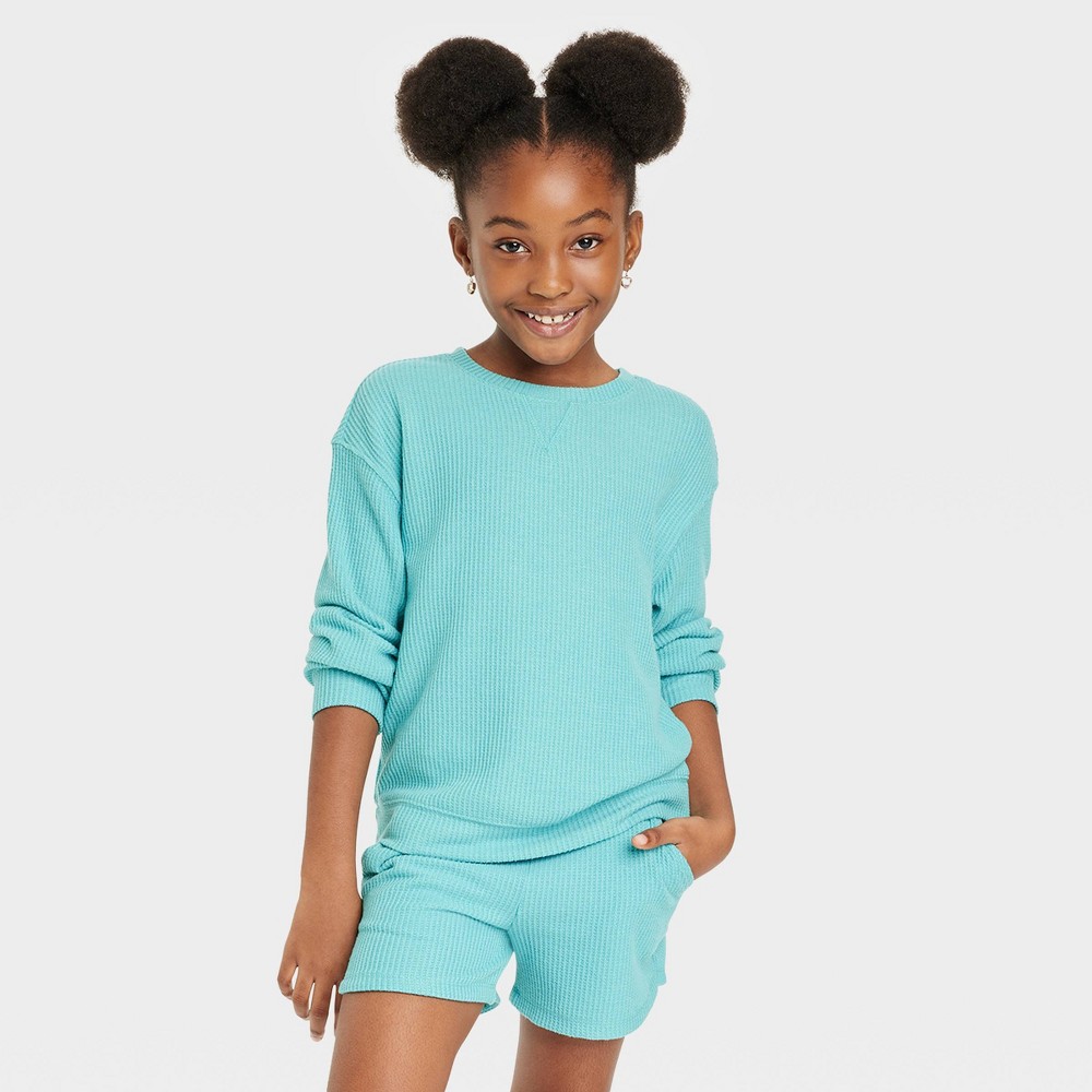 Girls' Cozy Waffle Top - Cat & Jack™ Turquoise Green S (6/7)