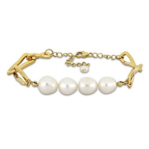 EVERLY JEWELRY | Yellow Plated Silver 9 - 9.5 mm Freshwater Cultured Pearl Bracelet and 5-5.5mm FW drop on extention + twisted oval links - 1 of 4