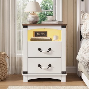 Wood Nightstand with 2 Storage Drawers, LED Light, Charger Station & Ceramic Handle, Farmhouse Night Stand - 1 of 4
