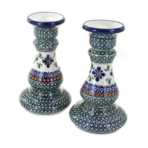 Blue Rose Polish Pottery Mosaic Flower Candlestick Pair : Target