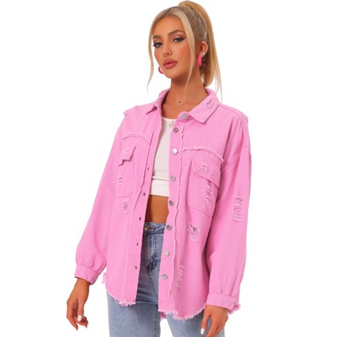 Distressed pink denim outlet jacket