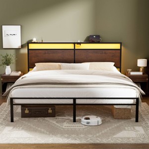 WOWLIVE Twin/Full/Queen/King Size Bed Frame with LED Light and Charging Station, Metal Frame with Storage Headboard, Large Storage Space - 1 of 4