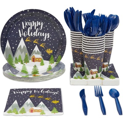 Serves 24 Happy Holidays Christmas Xmas Theme Party Supplies, Plates Napkins Cups, Favors Decorations Disposable Paper Tableware Kit Se