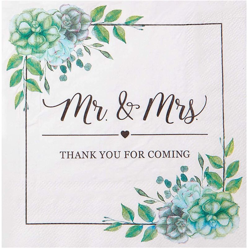 Sparkle and Bash 100 Pack Succulent Floral Mr. and Mrs. Paper Napkins for Wedding (6.5 In), 4 of 7