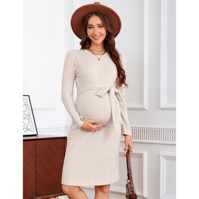 Maternity Long Sleeve Sweater Bodycon Boho Midi Dress Fall Casual Crew Neck Mini Dress Baby Shower Photoshoot Belt