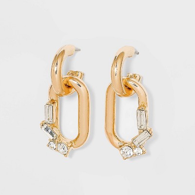 Link and Baguette Stone Hoop Earrings - A New Day™ Gold