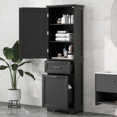 LOVMOR Tall Bathroom Storage Cabinet, Freestanding Storage Cabinet with Two Different Size Drawers and Adjustable Shelf, MDF Board with Painted Finish