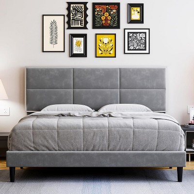 Velvet Bed Frame with Headboard, Modern Upholstered Platform Bed, Mirror Stainless Steel Decoration, Wooden Slats Support