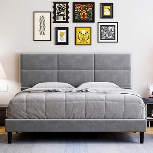 Velvet Bed Frame with Headboard, Modern Upholstered Platform Bed, Mirror Stainless Steel Decoration, Wooden Slats Support - 1 of 4
