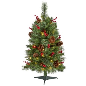 3ft Nearly Natural Pre-Lit LED Norway Mixed Pine with Pinecones and Berries Artificial Christmas Tree Clear Lights: Indoor Holiday Decor, Easy Setup - 1 of 4