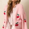 Coolmee Women's Summer Cardigans Loose Fit Ribbed Cuff Sweaters Cropped Long Lantern Sleeve Open Front Cherry Embroidery Knit Shrugs S Pink - 2 of 4