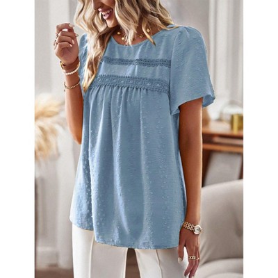 Womens Casual Short Sleeve Round Neck Lace Trim Loose Fit Blouse