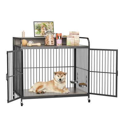 39.8 Inches Dog Crate Furniture with Adjustable Height Feeder, Heavy Duty Dog House for Medium Dogs with 360°Wheels