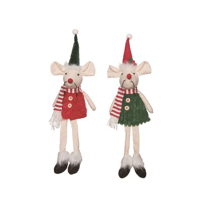 Transpac Plush Christmas Mouse Shelf Sitter Set of 2 Decorative Figurines for Tabletop and Mantel Indoor Use