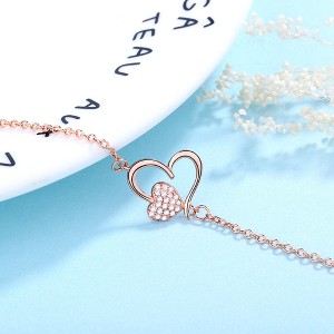 14k Rose Gold and Sterling Silver Heart Anklet with Crystals - 1 of 4