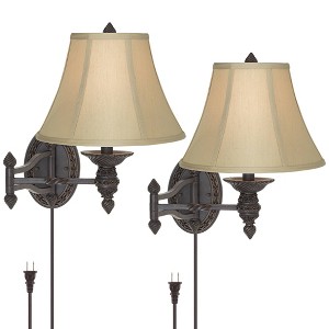 Barnes and Ivy Vintage Rustic Swing Arm Wall Lamps Set of 2 Bronze Plug-In Light Fixture Beige Bell Shade for Bedroom Bedside Living Room - 1 of 4