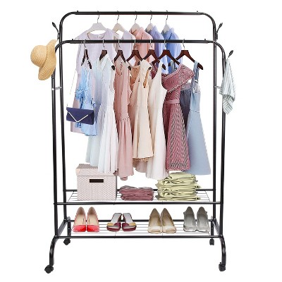 NewHome"Garment Rack with 2 Hanging Rails, 2 Shelves, 4 Wheels & Hooks for Clothes, Shoes & Accessories"Black White