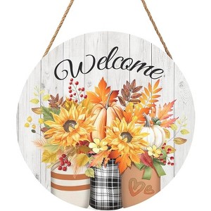 Lomsoe Fall Welcome Sign Door Sign Rustic Fall Decor Hanging Door Sign Thanksgiving Farmhouse Welcome Round Wooden Sign 8x8Inch - 1 of 1