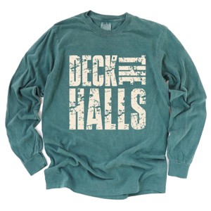 Deck the Halls Block Distressed - Women's Garment Dyed Long Sleeve Graphic T-Shirt - 1 of 4