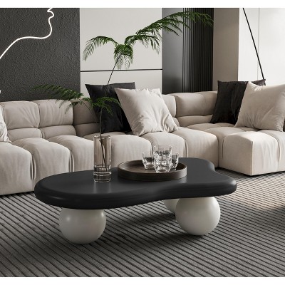 UPHA 40-Inch Modern Cloud-Shaped Coffee Table with Black Top and 3 White Ball Legs for Living Room