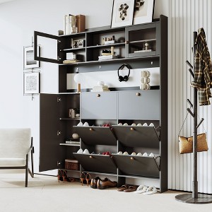 CAVINAS Hall Tree with 4 Hooks Modern Tipping Bucket Shoe Rack with Storage Shelves for Entryway - 1 of 4