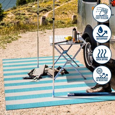 Aqua and Cream Wide Stripe Synthetic Indoor/Outdoor Rug 3x5