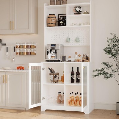 Kitchen Pantry Cabinet, Wooden Tall Sideboard Buffet Cabinet with Microwave Stand, Pegboard and Hutch, for Dining Room or Living Room