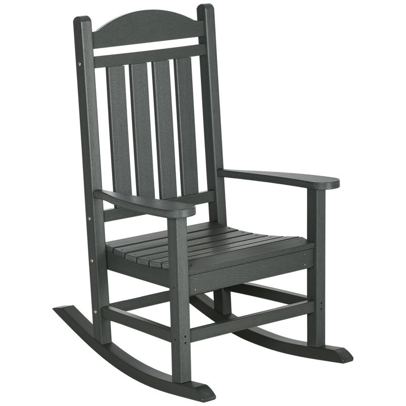 Outsunny Outdoor Rocking Chair, Traditional Slatted Porch Rocker with Armrests, Fade-Resistant Waterproof HDPE for Indoor & Outdoor, Dark Gray, 1 of 7