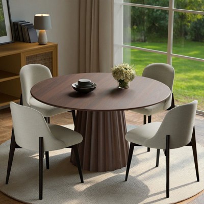 PexFix 46" Modern Round Dining Table Set with 4 Upholstered Chairs Walnut Textured Wood Top Pleated Pedestal Base Beige Seats for Kitchen Dining Room