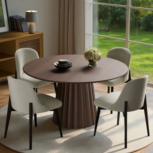 PexFix 46" Modern Round Dining Table Set with 4 Upholstered Chairs Walnut Textured Wood Top Pleated Pedestal Base Beige Seats for Kitchen Dining Room - 1 of 4