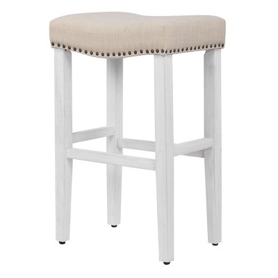 29" Beige Linen Upholstered Wooden Saddle Barstool