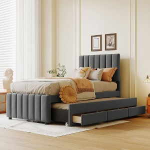 Twin Upholstered Platform Bed with Trundle and 3 Storage Drawers, Stripe Headboard, Linen Fabric, Space Saving - 1 of 4