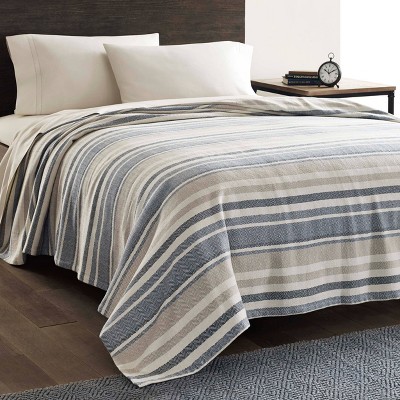 Twin Blue and Ivory Cotton Herringbone Stripe Blanket