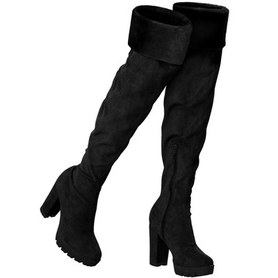 BLISSFUL STEP Women's Chunky Heel Platform Faux Fur Zipper Over Knee High Boots