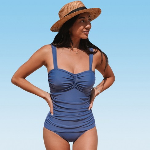 Women's Navy Blue Square Neck Ruched One-Piece Swimsuit - Cupshe - image 1 of 4